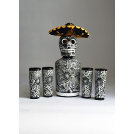 Tequila Decanter Set, Liquor Decanter with Shot Glasses and Mexican Sombrero, Hand-painted Decanter, Skull Decanter, Bar Decoration, Unique Tequila Gift, Gift For Dad, (Black Decanter Set)