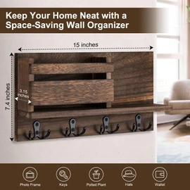Lucundm Key and Mail Holder for Wall Decorative - Rustic Mail Organizer Wall Mount, Wooden Letter Sorter Organizer with 4 Key Rack Hooks for Hallway Kitchen Farmhouse Decor (Brown)