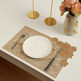 Hosoncovy 4 Pack Decorative Placemats Rectangle Placemat PVC Placemats Hollow Table Place Mats Heat Resistant Non-slip Dining Placemats Leaf Placemat Flower for Home Kitchen (Gold)