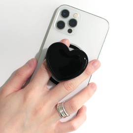 On The Grip Magnetic Cute Solid Macaron Color Heart Shape Collapsible Mobile Phone Grip Stand Holder for Smartphone Tablet Cell Phone Accessory (Magnetic Type, Black)