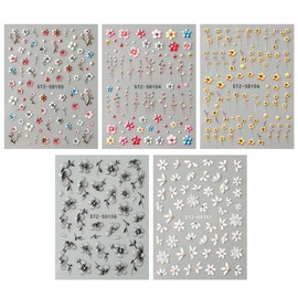 5Sheet 5D Embossed Relief Nail Design Kit Flower Nail Stickers For Nail Art,White Daisy Nail Art Stickers Spring Summer Colorful Floral Nail Decals For Nail Art Black Jelly Blossom Petals Nail Sticker