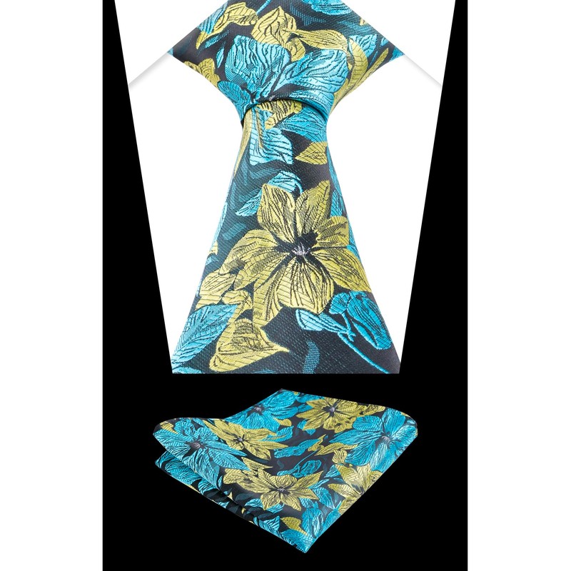 Alizeal Mens 3.35inches Large Floral Pattern Necktie and Printed Pocket