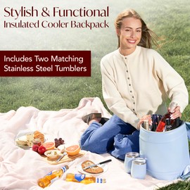 Insulated Cooler Backpack with 2 Stainless Steel Wine Tumblers – Leakproof & Spillproof Stylish Vegan Leather Picnic Cooler Bag – Lightweight & Portable – Holds 24 Cans or 6 Wine Bottles (Blue)