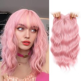 Flyroseing Hair Toppers for Thinning Hair, 6.5x6.5" Large Base Hair Topper with Fringe Clip in for Hair Loss Short 14 Inch Pink Wavy Synthetic Wiglets Hair Pieces for Women Like Real Hair