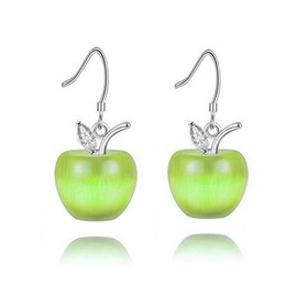 Uloveido Light Green Crystal Stone White Gold Plated Dangle Apple Earrings Studs for Women Sensitive Ears YL007-E