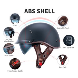 Motorcycle Half Face Helmet F-07 with Sun Visor Quick Release Buckle DOT Approved Adult Helmets for Cruiser Chopper Moped Scooter ATV (Matte Black,XL
