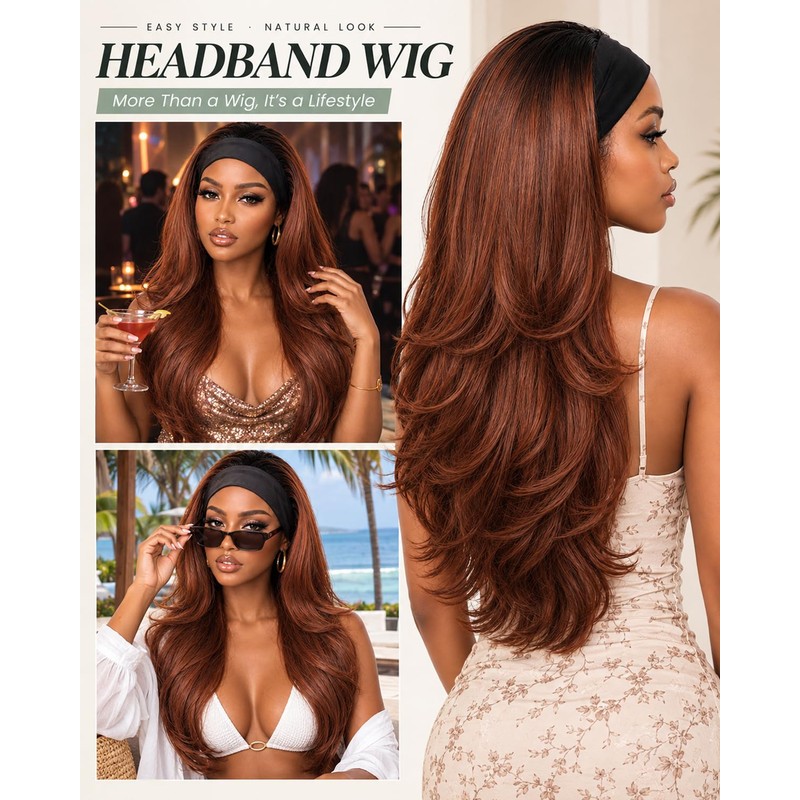 Yaki Wavy Flip Curls Headband Wigs for Black Women Ombre