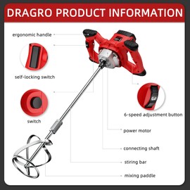 Dragro Electric Cement Mixer, 2100W Handheld Concrete Mixer with 6 Speed，Portable Mortar Mixers for Mixing Mud, Mortar, Plaster,Cement, Paint, Fodder，2 Pieces Mixing Heads