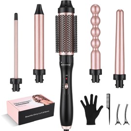 Rizadora para Cabello, 5 en 1 Tenazas Para Rizar Cabello con Cepillo Rizador, Apagado Automático, Calor Rápido y Temperatura Ajustable, Rizador de Cabello Profesional para Todo Tipo, Salón y Casa