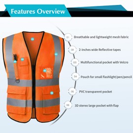 Safety Vest with Pockets Zipper for Women Men High Visibility Reflective Construction Work Vest Meets ANSI/ISEA Standards（Orange(mesh)-S）