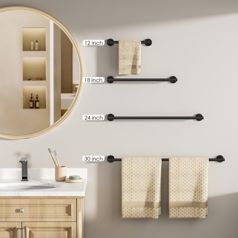 FORIOUS Black Towel Bar for Bathroom Wall, 24 Inch Stainless