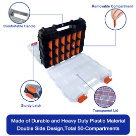 Tools Organizer Box Small Parts Storage Box 50-Compartment Double Side Hardware Organizers with Removable Plastic Dividers for Screws, Nuts, Nails, Bolts, Orange