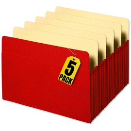 1InTheOffice Expanding File Pockets, File Jackets, File Wallet, 3.5" Expansion, Letter Size, Reinforced Straight Cut Tab, Gusset, Red, 5 Pack
