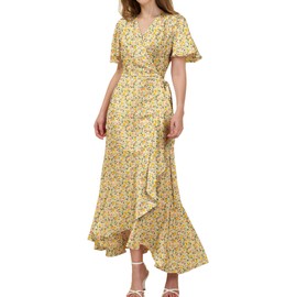 Olaesa Women's Bohemian Floral Wrap Maxi Dress 2025 Summer Split Short Sleeve Boho Belted Flowy Dresses with Pockets, Yellow Floral