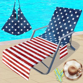 Irisbell Lounge Chair Towel Cover with Side Pockets,Thick Quick Dry Chaise Lounge Cover,Beach Chair Towel Covers for Pool Sunbathing Camping Garden (American Flag)