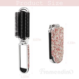 Framendino Cepillo De Pelo De Viaje Con Diamantes De Imitación Y Espejo De Cristal, Portátil, Plegable, De Bolsillo, Compacto Y Brillante, Para Mujer, Color Rosa, 1 Unidad.