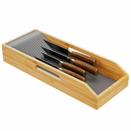 NiHome Bamboo Knife Drawer Organizer with Adjustable Silicone Dividers, 15" Lx5.9 Wx2.44 H Fits Knives Up to 13.5", Durable and Easy to Clean Kitchen Drawer Insert for Utensils and Tableware (Gray)