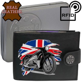 Biker Classic Vintage Motorbike Motorcycle UK GB Flag Mens Wallet Gift Box KLASSEK Brand Real Black Leather RFID Blocking with Coin Pocket