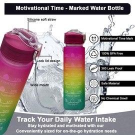 LITTLELAGOON Water Bottle 3 Pc Set with Straw 2L 300ml 900ml | Leak Proof BPA Free Motivational Drinking Bottles with Time Marker | Perfect for Sports School Office Gym Yoga Cycling for Kids Adults