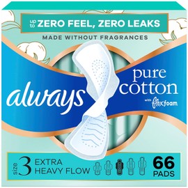 Always Algodón puro con almohadillas FlexFoam para mujer, tamaño 3, absorción de flujo extra pesado, cero fugas y cero sensación es posible, con alas, 22 unidades