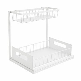 2 Tier Sink Base Cabinet Organiser Made of Metal, L Shape Kitchen Cabinet Organiser with Extendable Basket, Base Cabinet Shelf for Kitchen, Bathroom and Cleaning Products, 36 x 27 x 28 cm