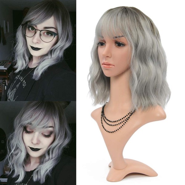 FAELBATY Ombre Grey Wig Short Bob Wigs with Air Fringe Women's Short Wig Curly Wavy Synthetic Cosplay Wig for Girls Costume Wigs (12 Inches Dark Root Ombre Grey)