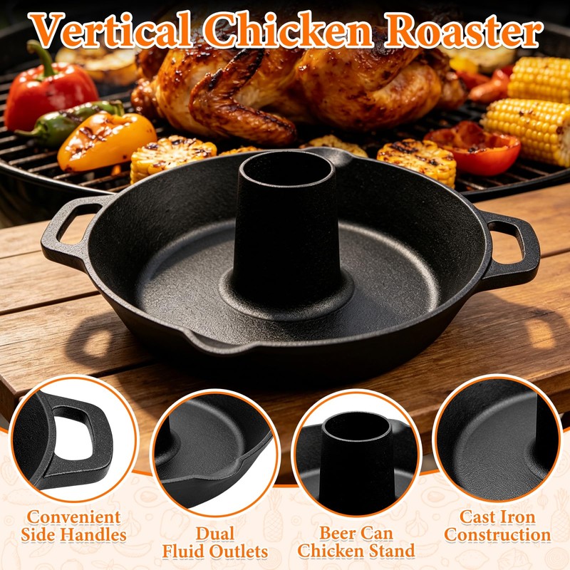 Vertical Cast Iron Chicken Roaster with Drip Pan for Juicy