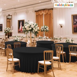 HolidayIdeas 60 Inch Black Spandex Round Table Skirts,Fitted Stretch Tablecloths for Round 5 ft Table, Wrinkle-Free Ruffle Design Tablecloths for Banquets,Trade Shows, Parties, Events, 6 Pcs