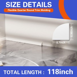 Flexible Quad Moulding, Peel and Stick, Corner Moulding Trim, Waterproof Rubber Quad Moulding, Suitable for Use on Floors, Bathrooms and Countertops (0.7” W x 0.86” H x 118” L,White)