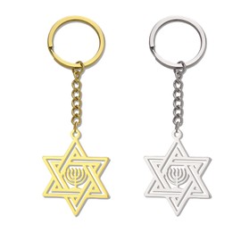 VASSAGO Star of David Keychain for Women Men Jewish Star Menorah Keyring Stainless Steel Hanukkah Keychain Religious Jewelry (gold+silver)