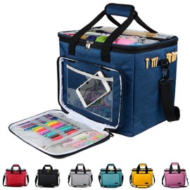 Hoshin Knitting Bag for Yarn Storage, High Capacity Yarn Totes Organizer with Inner Divider Portable for Carrying Project, Knitting Needles(up to 14”), Crochet Hooks, Skeins of Yarn (Navy)