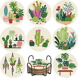 Oslynia 8 Pcs Flowers Diamond Art Coasters, DIY Wooden Diamond Painting Coasters for Coffee, Painting Art Kits with Holder for Adults, Beginners, Home Decor (Flowers)