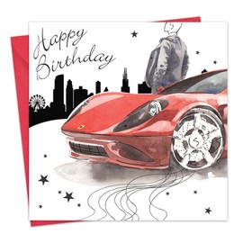 Twizler Happy Birthday Card For Him with Silver Foiling & Unique Watercolour Effect - Male Birthday Card – Mens Birthday Card – Sports Car Card