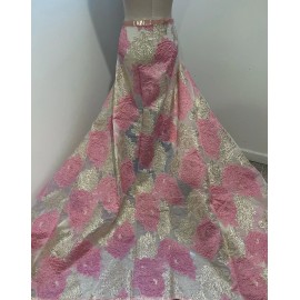 wowfabric4less123 PINK GOLD WHITE Metallic Brocade ORGANZA Fabric 58” Width Sold By The Yard