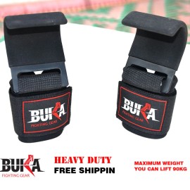 BUKA Fighting Gear Weight Lifting Hooks(Pair) Non-Slip Rubber Coated Support Adjustable Wrist strap - Black