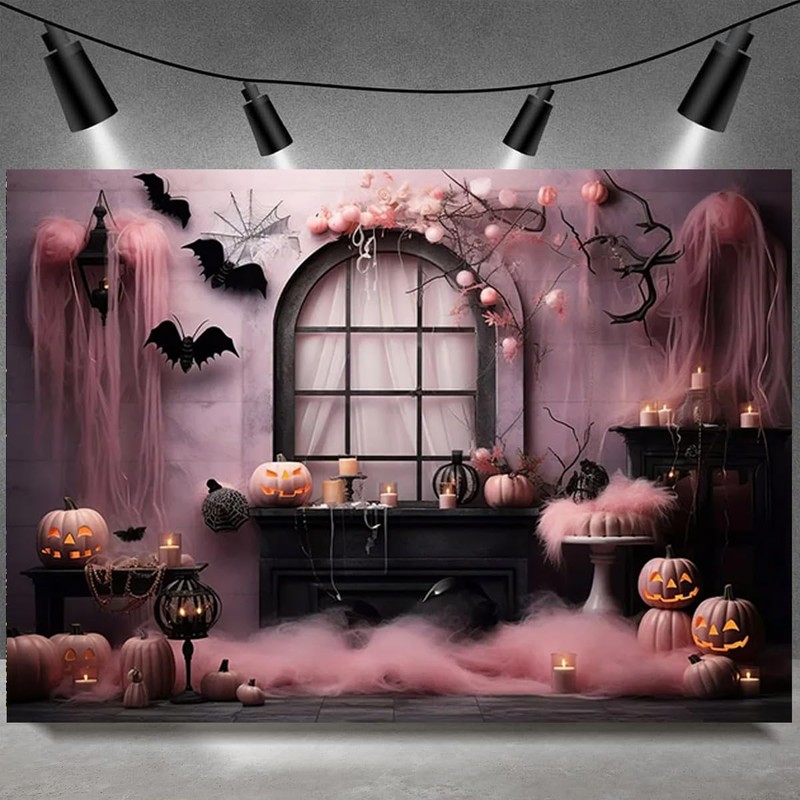 Pink Halloween Pumpkin Background - Spooky Photography Backdrop for Prom,