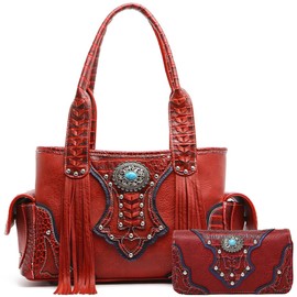 Western Style Cowgirl Fringe Concealed Purse Conchos Totes Country Women Handbag Shoulder Bags Wallet Set (2 Burgundy Set)