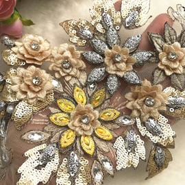 19 * 38cm 3D Colorful Flower Mesh Embroidered Rhinestone Lace Beaded Applique with Sequins DIY Lace Fabric Trim for Clothes Accessories Hardware (Yellow)