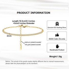Bellitia Jewelry Sterling Silver Tennis Bracelet for Womens Zirconia Bracelets Adjustable Classic Bracelets Set Simulated Diamond Bracelet 14K Gold/White Gold Plated Bracelet Gifts for Her