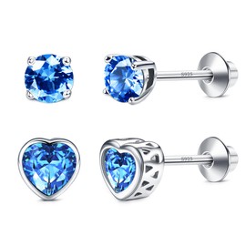 Kakonia S925 Sterling Silver Birthstone Earrings for Girls Women Hypoallergenic Screw Back Earrings Round Heart CZ Stud Earrings Jewelry Gift