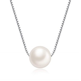 MABELLA Freshwater Cultured 8MM AAA+ White Single Genuine Pearl Pendant Necklace 925 Sterling Silver Jewelry Mother's Day Gifts for Women