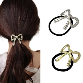 2Pcs Bow Hair Ties Metal Bow Ponytail Holder Metal Ponytail Hairbands Bow Ponytail Holder Hair Ties Hair Accessories for Women Girls (Gold+Silver)