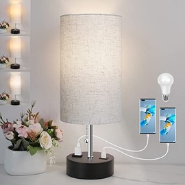 3-Color Temperature Bedside Lamp, Nightstand Lamp with USB Port and AC Outlet, Table Lamp for Bedroom with LED Bulb Small Lamps for Living Room (Otmeal)