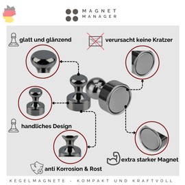Magnet Manager - Office Magnets - Small Magnets - 12 x 16 mm - Strong Magnets - Chrome Black - Premium Mini Magnets - Fridge Magnets - Cone Magnets - Magnets for Magnetic Board - Whiteboard Magnets
