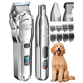 oneisall Dog Clippers for Grooming Thick/Heavy Coats, 4-in-1 Dog Grooming Kit Low Noise with Stainless Steel Blade, Cordless Dogs Paw Trimmer Pet Nail Grinder for Small & Large Dogs Cats Animals