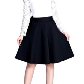 Nestkanina SKT004 Knee Length Skirt, Knee Length, Black, Flare, Black, Plain, Office, Work, OL, Ladies, Trapezoid, A-Line, Knee Length Skirt, Black