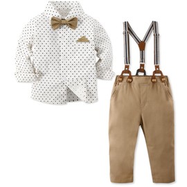 Baby Boy Dress Clothes Outfits, Button Down Shirts with Bow Tie and Suspender Pants Gentleman Wear Sets for Baby Boys, Polka Dot Khaki, 3-4T = Tag 120
