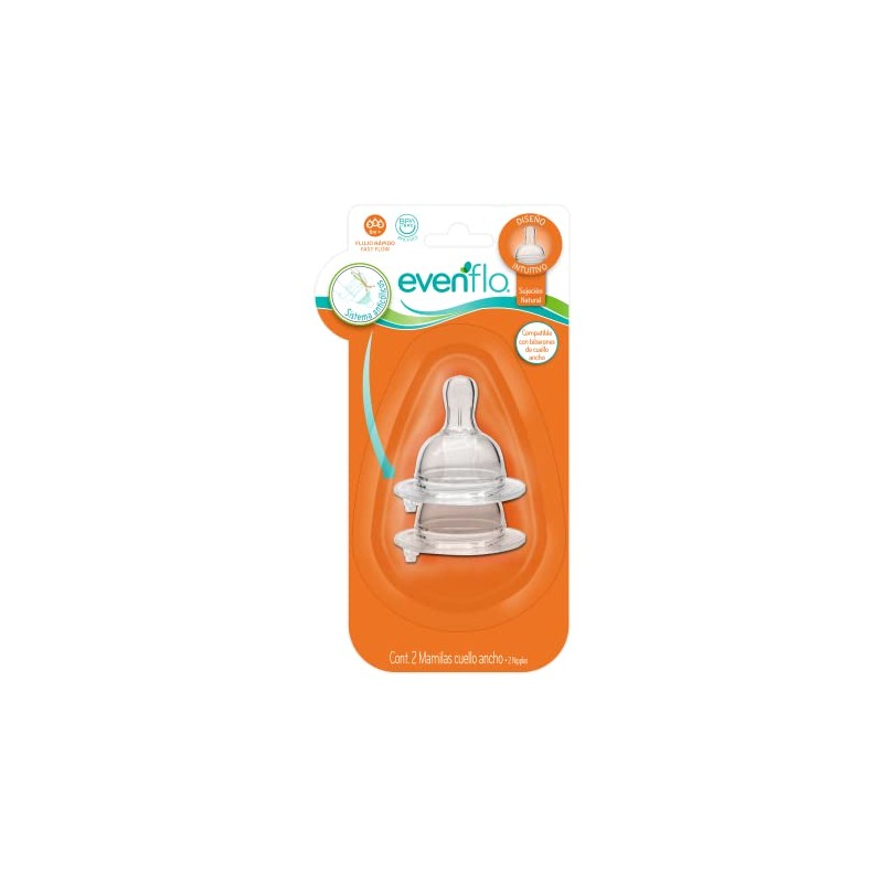 Evenflo, Mamila Anticólicos Cuello Ancho, Flujo Rápido, Pack con 2
