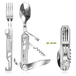 Raheem Camping Cutlery All in One Stainless Steel 6 in 1 Camping Cutlery Foldable Multifunctional Folding Cutlery Survival Travel Cutlery for Travel Hiking Backpacking