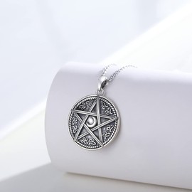 TANGPOET Pentagram Chain Pendant Talisman Pendant Star Moon Jewellery S925 Sterling Silver Pentagram Jewellery for Boyfriend Father Protective Jewellery Amulets, Sterling Silver